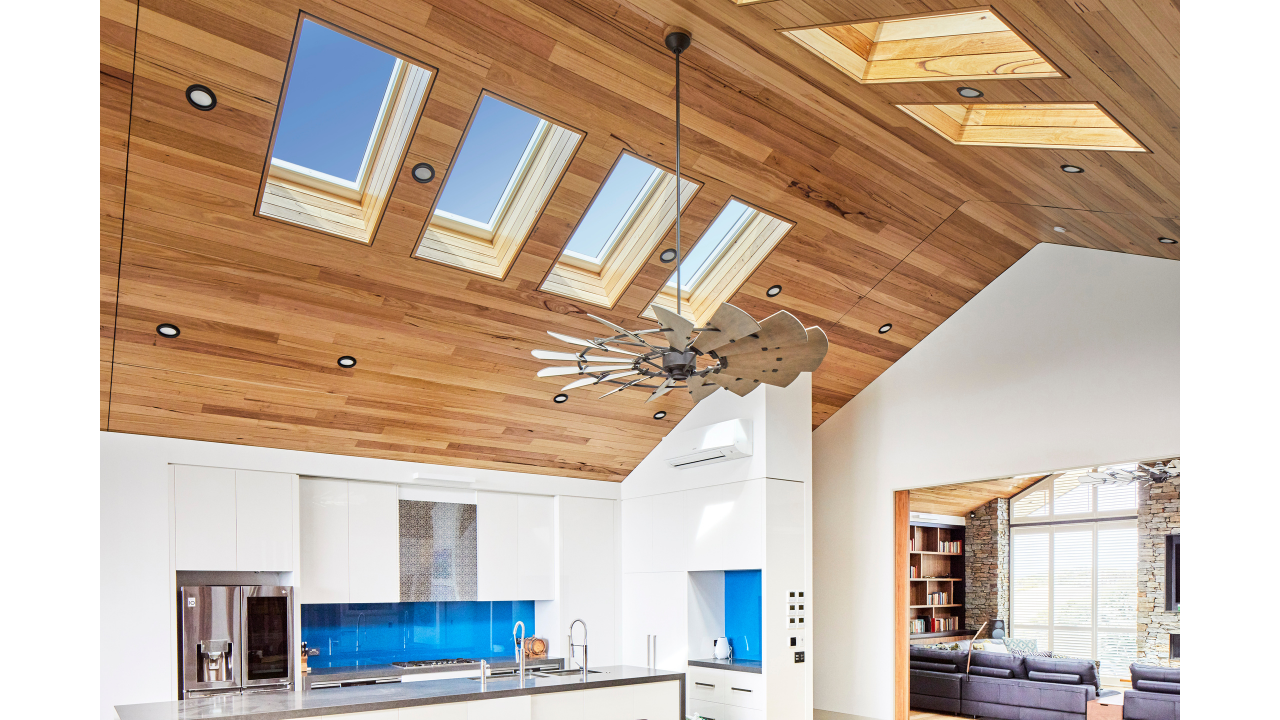 skylight roof window over kitchen wooden ceiling