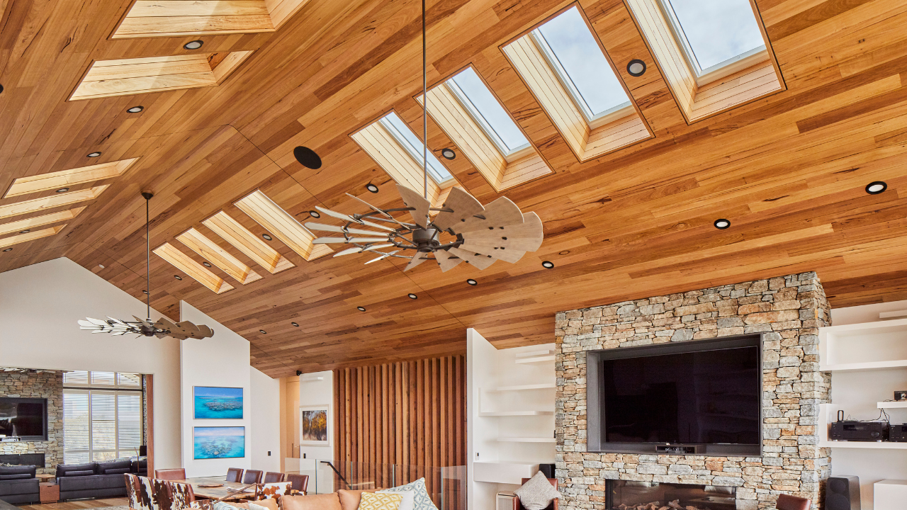 multiple skylights over cabin home