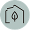 An icon showing an outline of a house with a skylight and a leaf inside the home to show sustainability