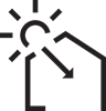A black and white icon that shows a sun's light coming into the roof of a house, to portray the light coming into a skylight
