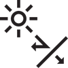 A black and white icon shows a sun with its light getting blocked and allowed through a skylight in a roof, showing how blinds control the amount of natural light