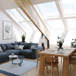 Séjour lumineux avec fenêtres de toit Velux®