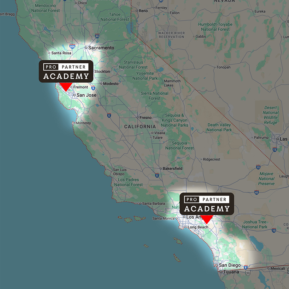 Highlighted regions on a map of California to show the coverage areas of the VELUX Pro Partner Academy Mobile Training
